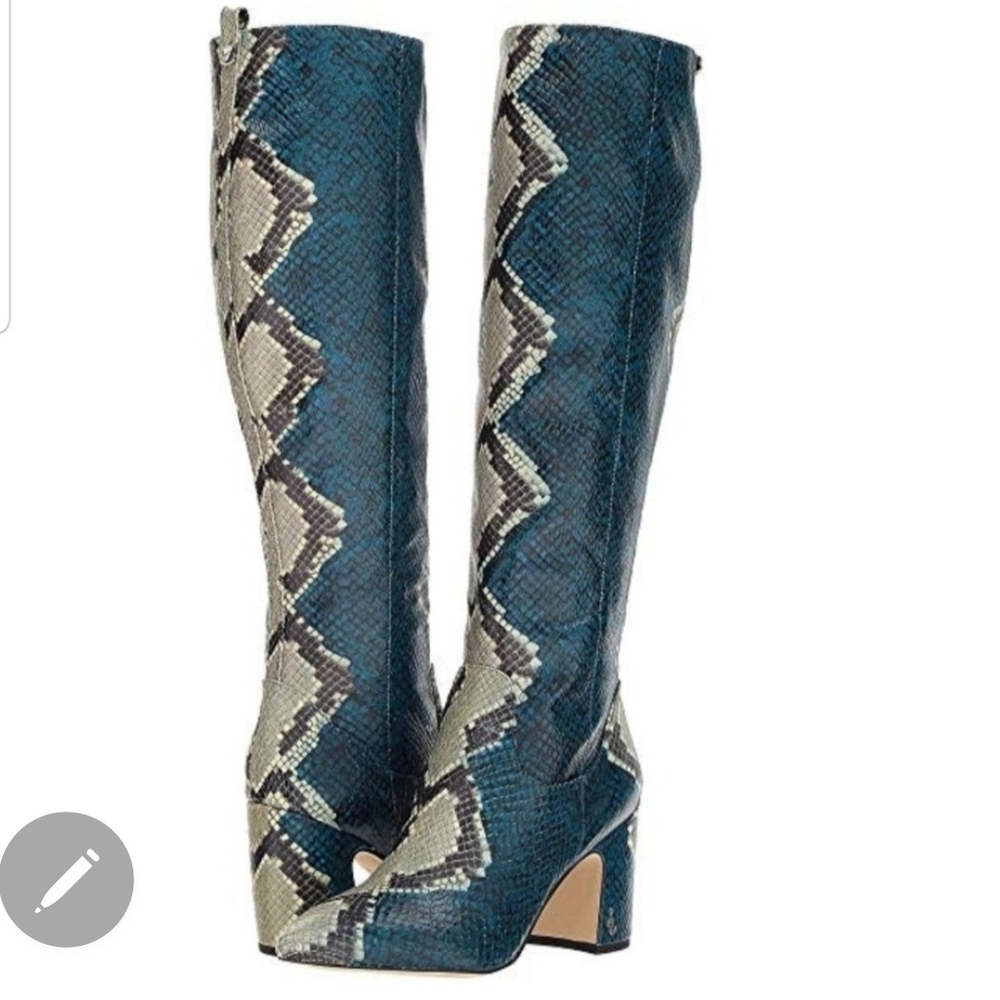 Sam Edelman Blue and Cream Snakeskin Heeled Boots